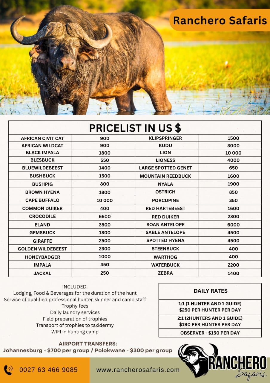 Ranchero Safaris Price List